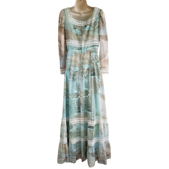 Vintage 70s/80s handmade long sleeve maxi dress with Greek Santorini Print - Picture 7 of 12